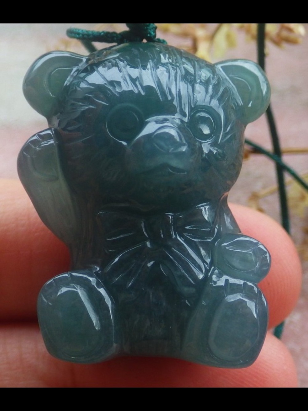 Carved Teddy Bear Jade Pendant in Deep Green jadeite certificate